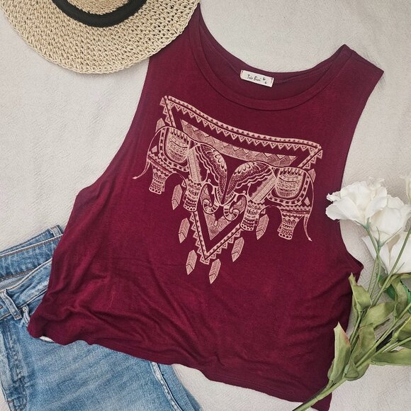 Tres Bien Tops - Boho Elephant Graphic Tank Top Burgundy Tribal Festival Sleeveless Top